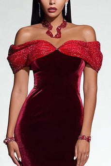 Sparkly Burgundy Velvet Mermaid Beaded Long Formal Dress