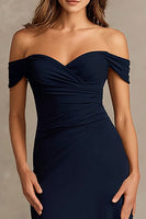 Load image into Gallery viewer, Navy Off the Shoulder Sheath Maxi Formal Dress