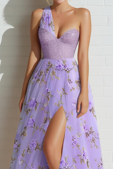 Lilac Floral A Line One Shoulder Tulle Long Prom Dress with Slit