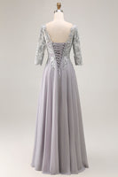 Load image into Gallery viewer, Silver A Line V-Neck Maxi Mother of the Bride Dress with Lace