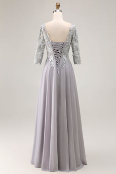 Silver A Line V-Neck Maxi Mother of the Bride Dress with Lace