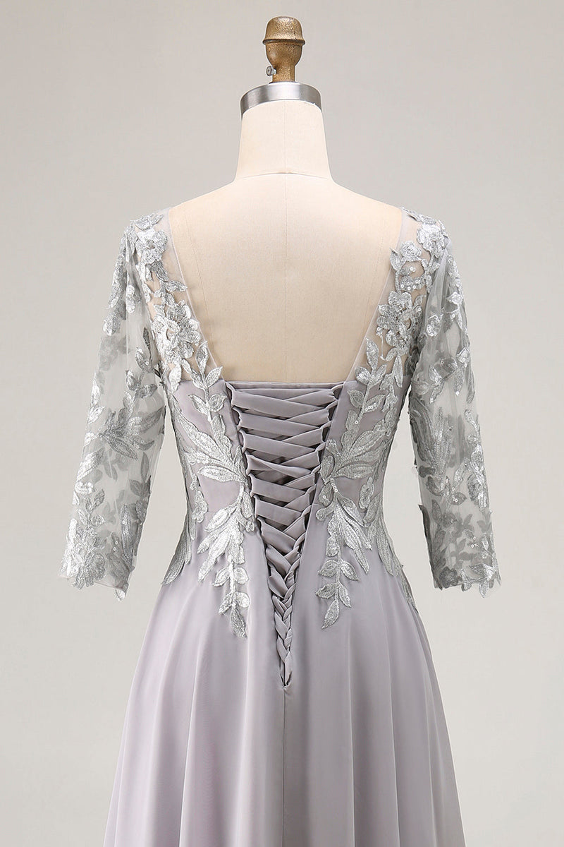 Load image into Gallery viewer, Silver A Line V-Neck Maxi Mother of the Bride Dress with Lace