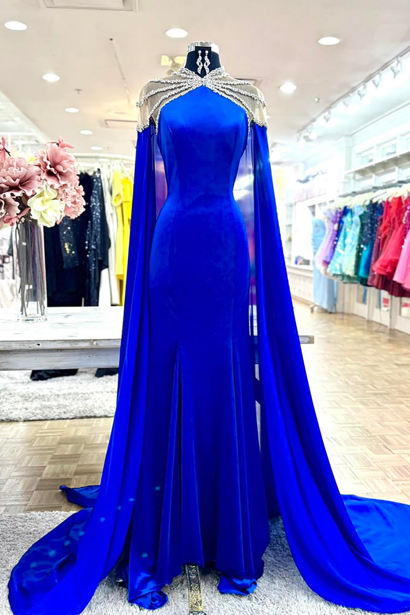 Queendancer Women Sparkly Royal Blue Maxi Prom Dress with Beadings Mermaid  Formal Dress with Cape – queendanceruk