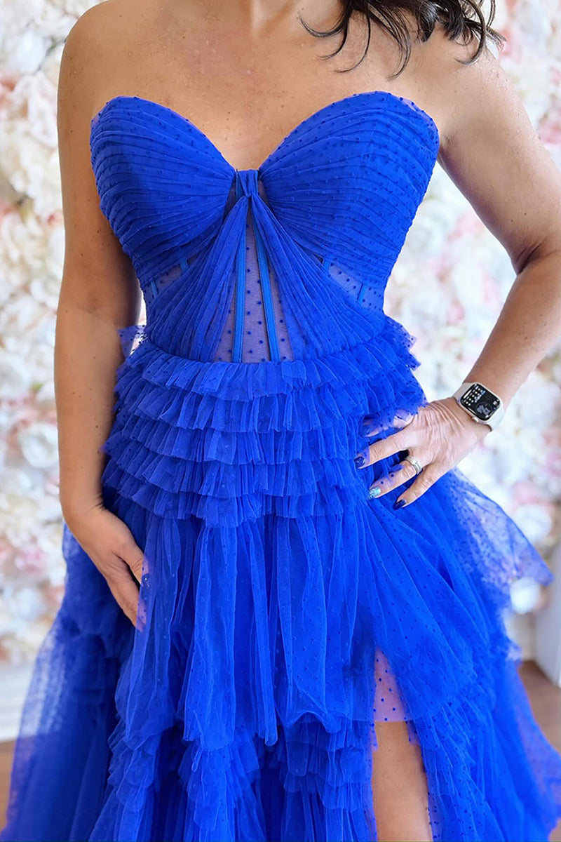 Queendancer Women Royal Blue Long Corset Prom Dress with Slit Tiered A