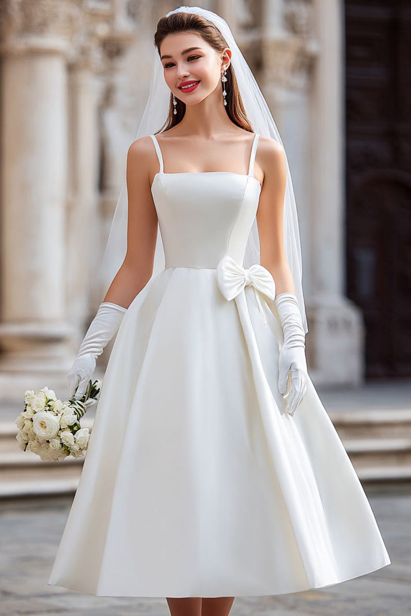 Queendancer Women White Midi Wedding Dress A Line Satin Backless