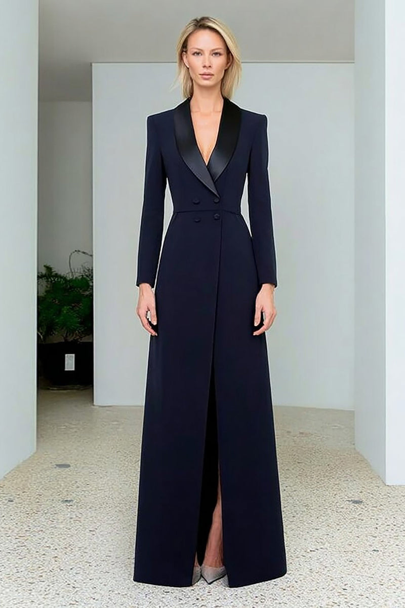 Queendancer Women Navy Maxi Blazer Dress with Slit Double Breasted Shawl  Lapel Work Dress with Sleeves – queendanceruk