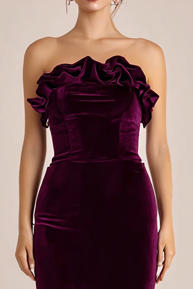 Queendancer Women Plum Long Holiday Party Dress with Ruffles Velvet  Strapless Sheath Evening Dress – queendanceruk