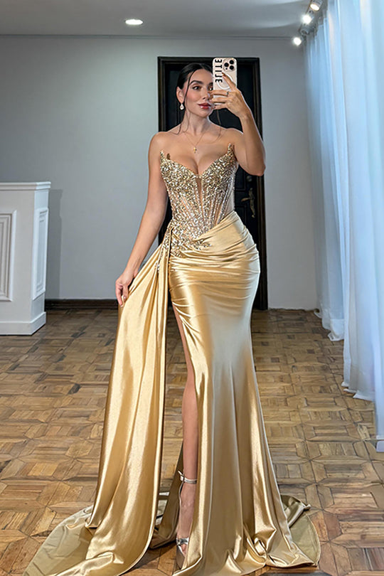 Queendancer Women Sparkly Gold Corset Mermaid Maxi Prom Dress with Side Cape Satin Sequins Strapless Ruched Evening Gown with Slit