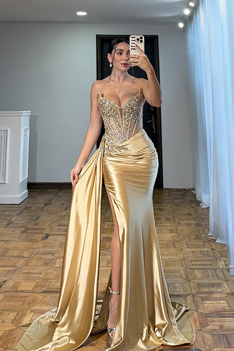 Queendancer Women Sparkly Gold Corset Mermaid Maxi Prom Dress with Side Cape Satin Sequins Strapless Ruched Evening Gown with Slit queendanceruk Queendancer Women Sparkly Gold Corset Mermaid Maxi Prom Dress with Side Cape Satin Sequins Strapless Ruched Evening Gown with Slit queendanceruk