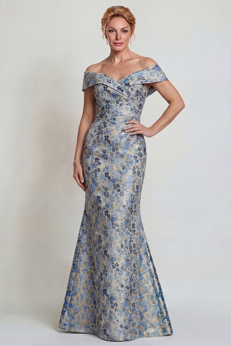 Queendancer Women Floral Grey Blue Jacquard Long Mother of the Bride Dress  Mermaid Off The Shoulder Wedding Guest Dress – queendanceruk