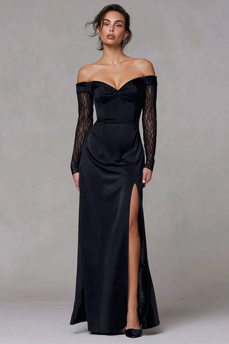 Queendancer Women Black Long Formal Dress with Lace Sheath Off the