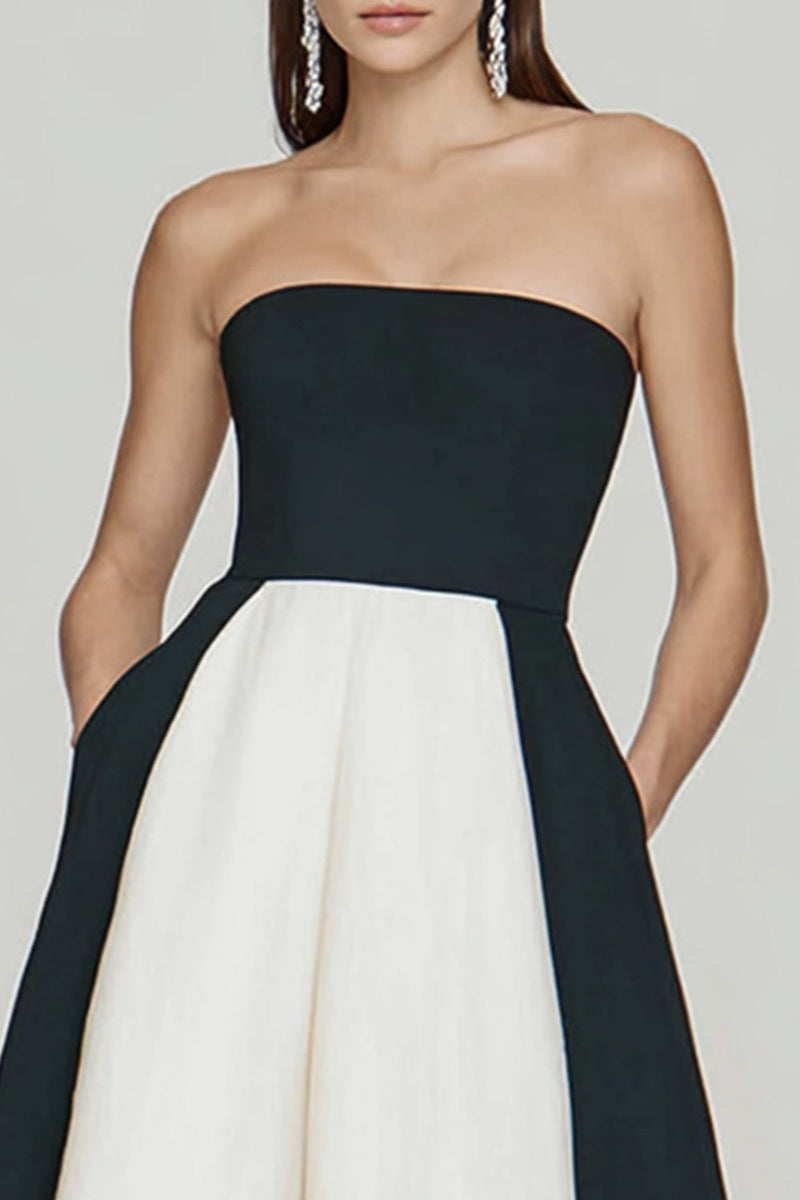 Queendancer Women Black and White Long Formal Dress with Slit A Line