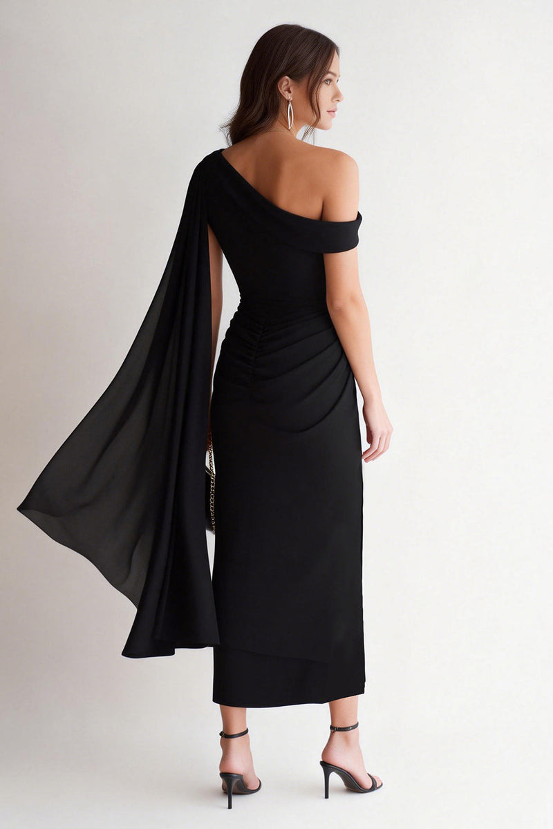 Queendancer Women Black Midi Formal Dress with Side Cape Bodycon