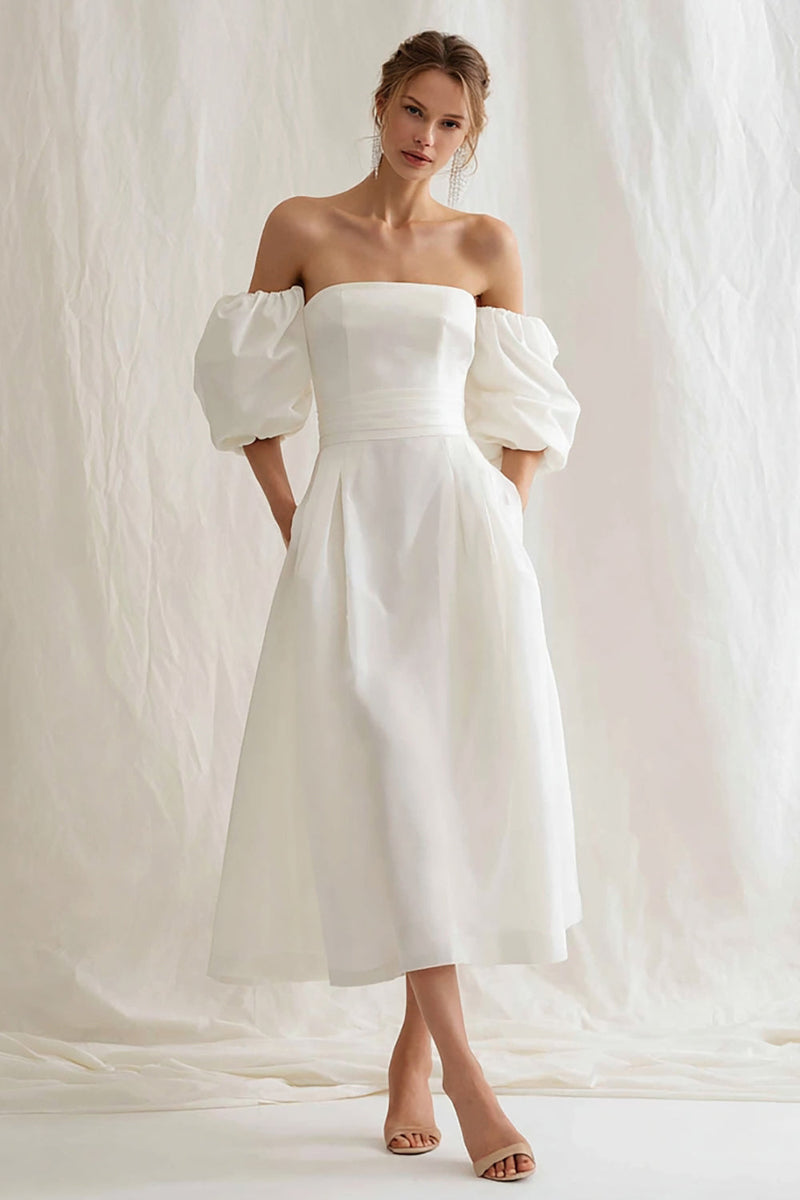 ivory engagement dress Ivory Square Neck Midi Lace Engagement Dress with Sleeves