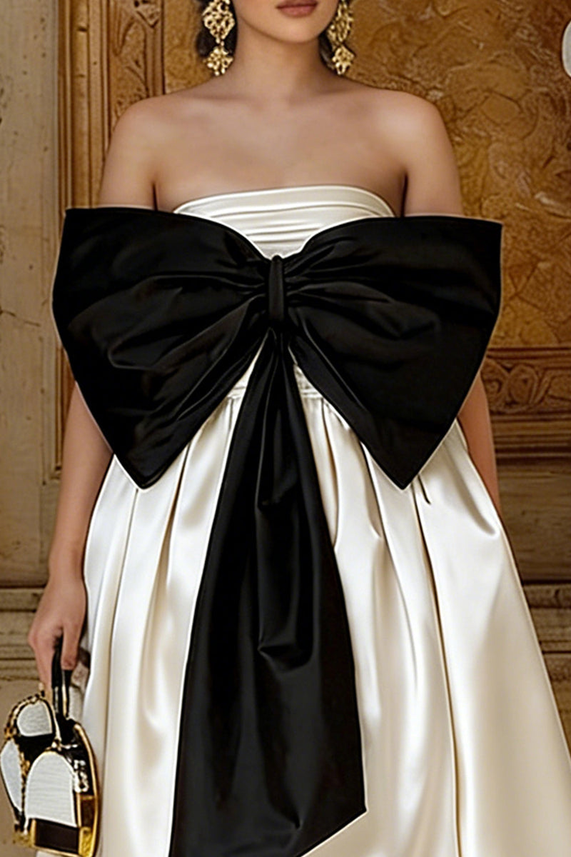 Queendancer Women Black and White Midi Engagement Dress with Bow A Line