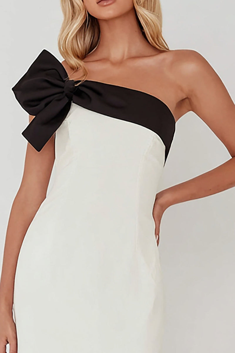 Queendancer Women Black and White Long Formal Dress with Bow Sheath