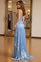 Load image into Gallery viewer, Sky Blue A Line Long Pleated Chiffon Prom Dress with Beading