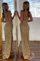 Load image into Gallery viewer, Sparkly Strapless Gold Mermaid Maxi Prom Dress with Slit