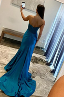 Load image into Gallery viewer, Navy Satin Mermaid Sweetheart Long Corset Prom Dress with Slit
