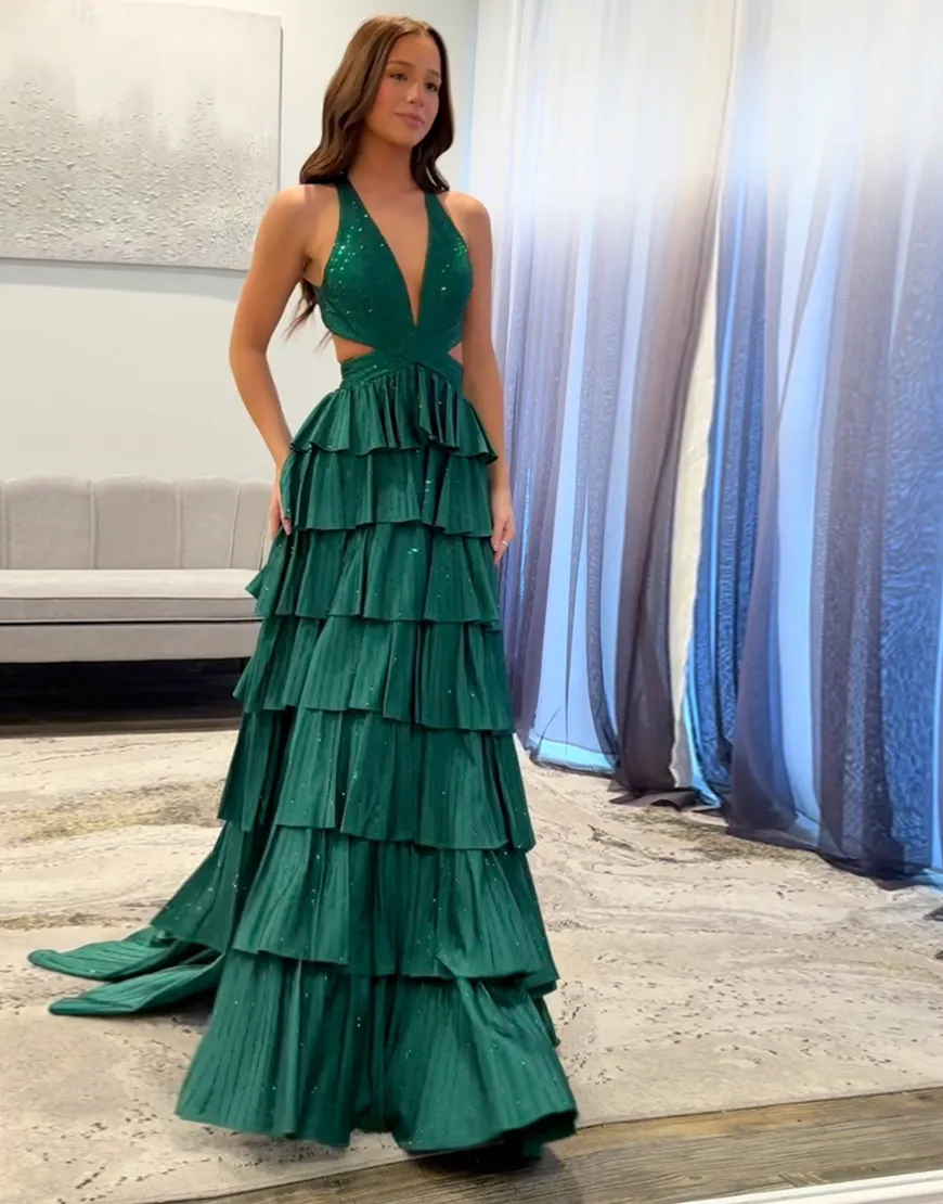 Load image into Gallery viewer, Sparkly Fuchsia Beaded A Line Tiered Long Prom Dress with Slit