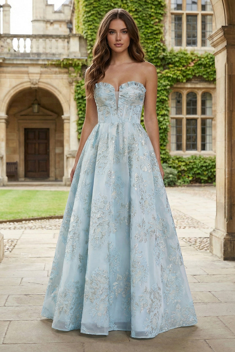 Queendancer Women Floral Light Blue Corset Long Prom Dress Appliqued  Sweetheart A Line Masquerade Dress – queendanceruk