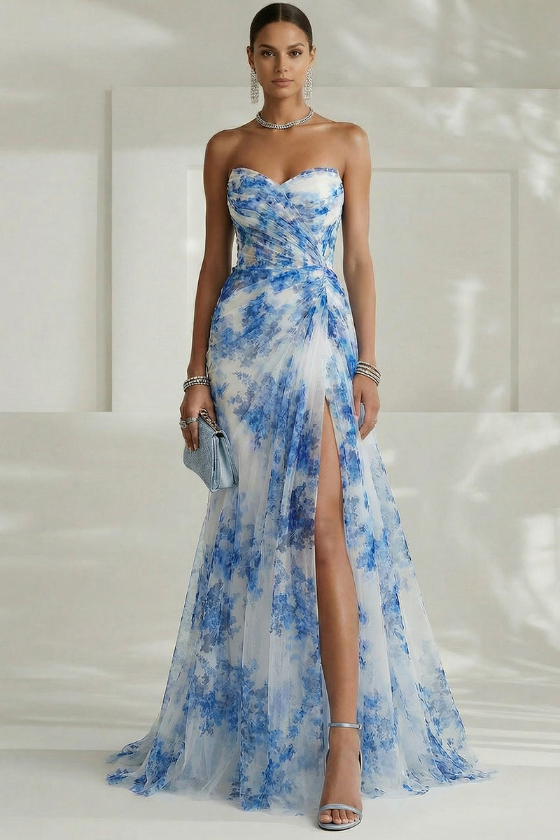 Queendancer Women Floral White and Blue Long Prom Dress with Slit