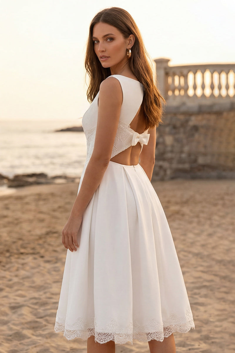 Queendancer Women Ivory Midi Bridal Shower Dress with Lace Boat Neck  Backless A Line Engagement Dress with Bow – queendanceruk