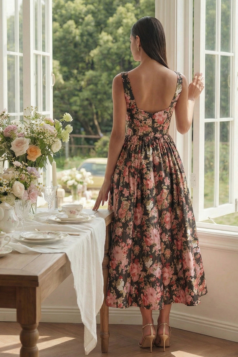Queendancer Women Black Pink Flower Maxi Prom Dress A Line Square Neck