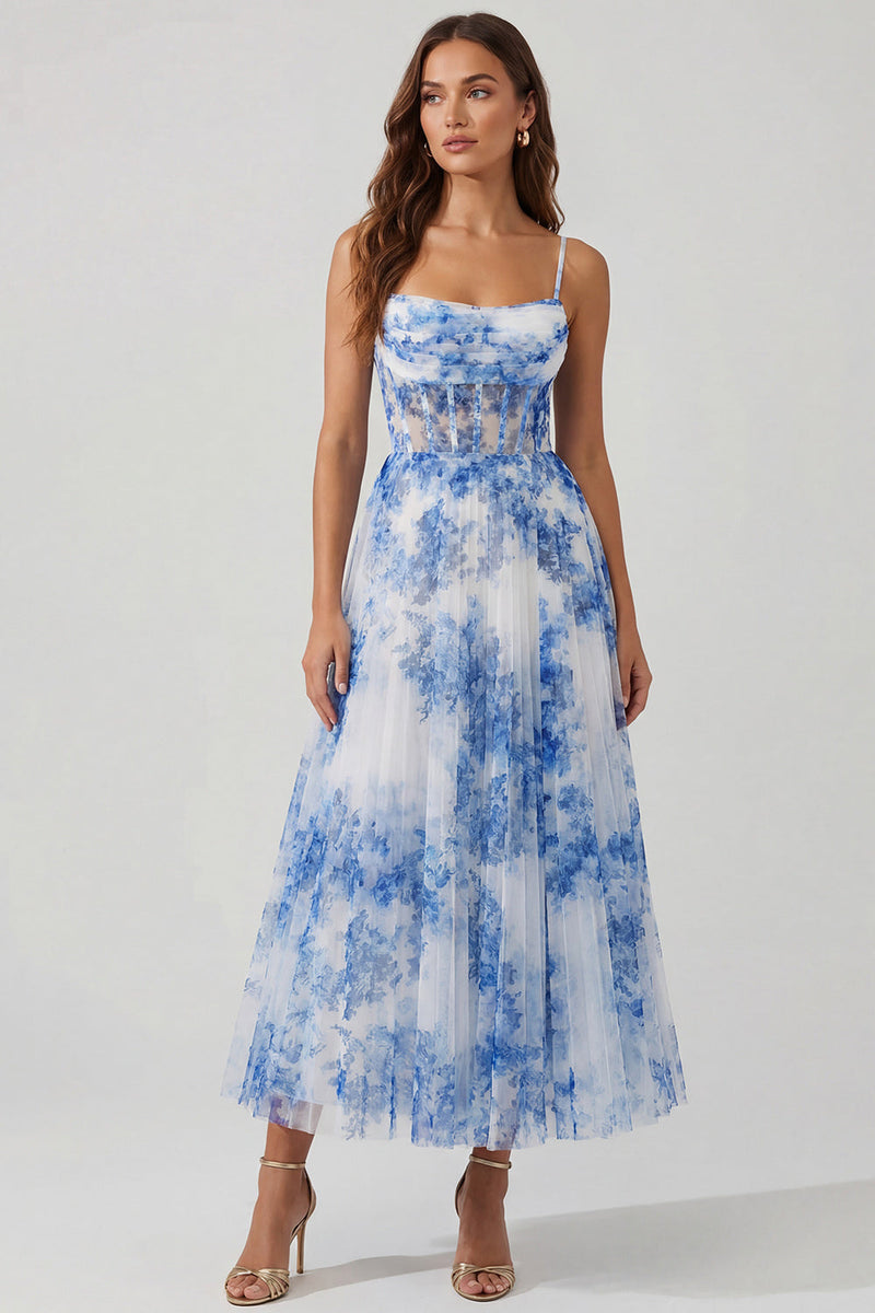 Queendancer Women White Blue Corset Floral Maxi Prom Dress Tulle Spaghetti  Straps Wedding Guest Dress – queendanceruk
