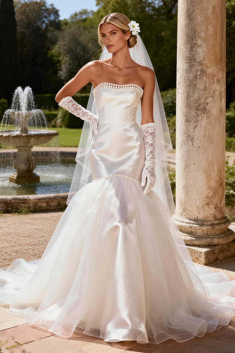 Queendancer Women Ivory Satin Sweep Train Wedding Dress Beaded Mermaid  Strapless Bridal Dress – queendanceruk