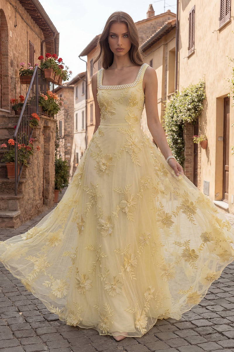 Queendancer Women Yellow Long Floral Evening Dress with Pearls Square Neck Tulle A Line Prom Dress queendanceruk Queendancer Women Yellow Long Floral Evening Dress with Pearls Square Neck Tulle A Line Prom Dress queendanceruk