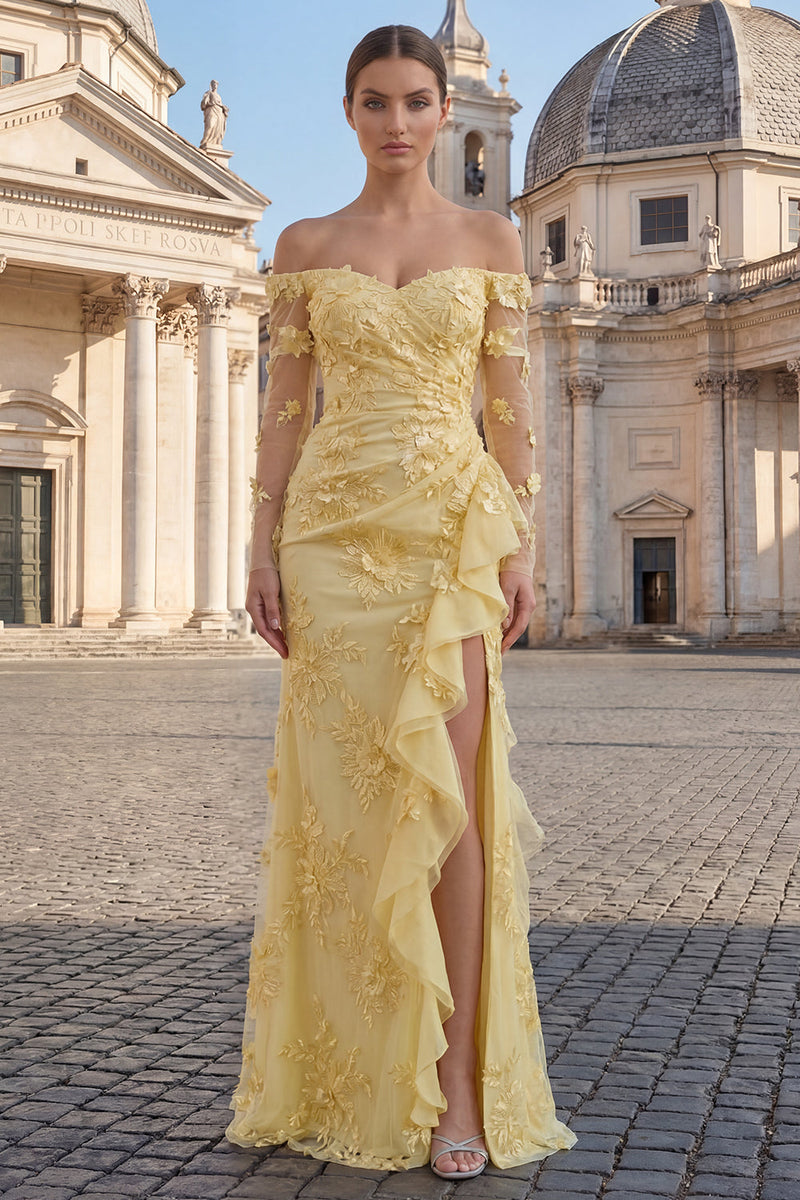Queendancer Women Yellow Floral Long Evening Dress with Slit Sheath Ruched Tulle Strapless Prom Dress with Ruffles queendanceruk Queendancer Women Yellow Floral Long Evening Dress with Slit Sheath Ruched Tulle Strapless Prom Dress with Ruffles queendanceruk
