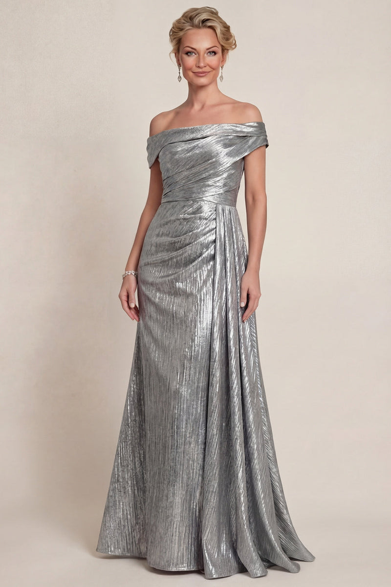 Queendancer Women Grey Silver Long Mermaid Evening Dress Off the Shoulder  Ruched Metallic Formal Dress  queendanceruk