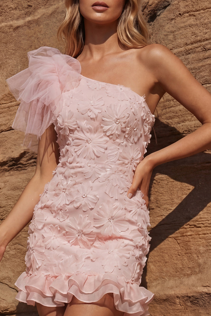 Queendancer Women Floral Light Pink One Shoulder Short Prom Dress Ruffled  Bodycon Birthday Party Dress – queendanceruk