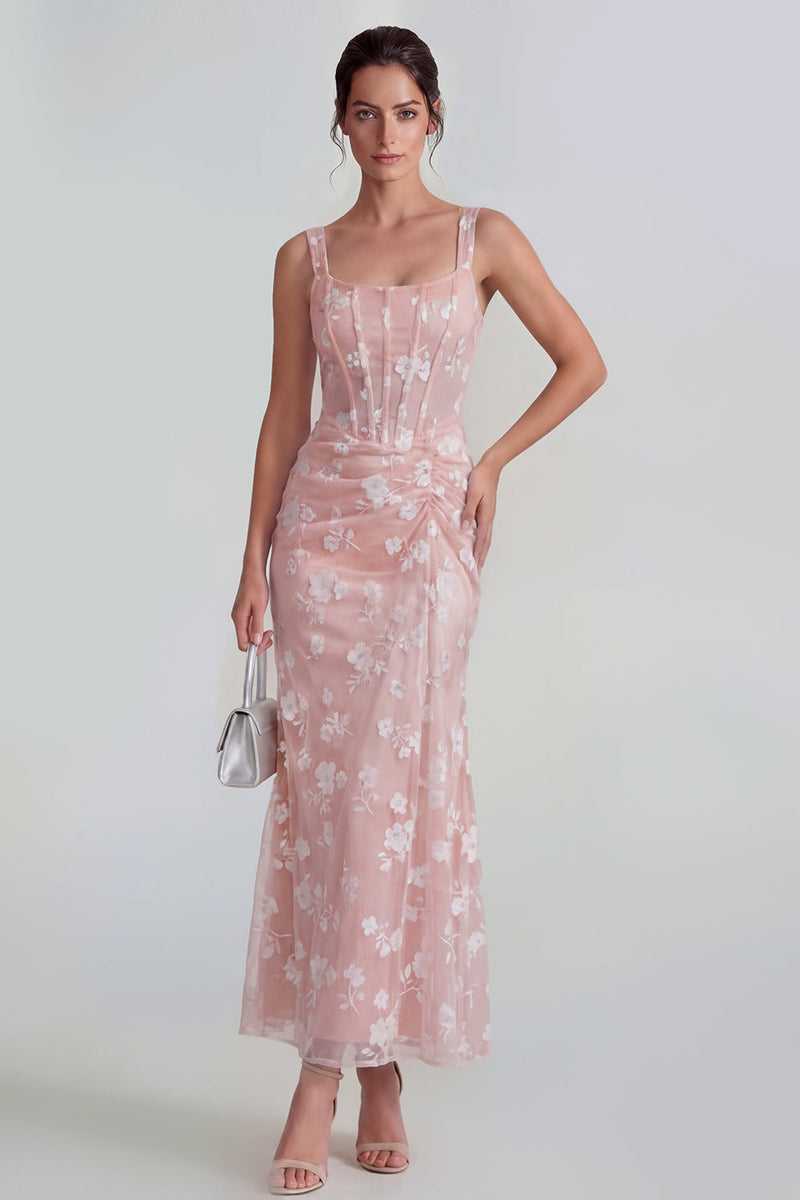 Queendancer Women Pink Floral Maxi Corset Wedding Guest Dress Thick Straps  Lace Up Back Ruched Formal Dress with Slit – queendanceruk