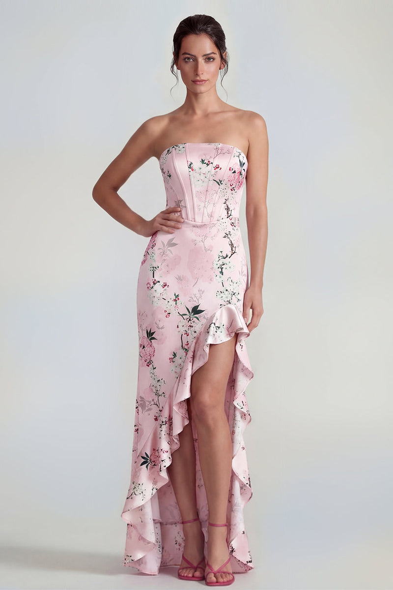 Queendancer Women Pink Long Satin Floral Corset Wedding Guest Dress with Ruffles Strapless Formal Dress with Slit – queendanceruk