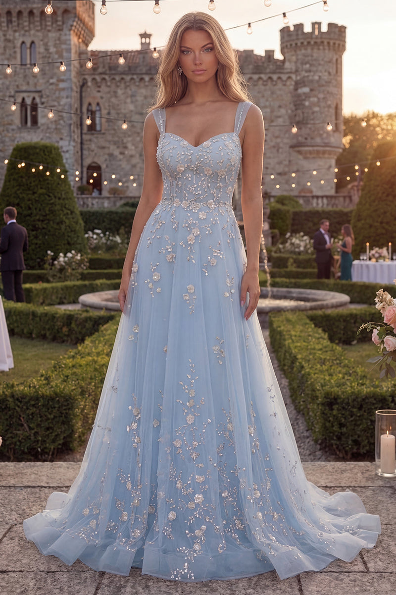 Queendancer Women Floral Sparkly Blue Long Prom Dress with Beading Tulle Thick Straps A Line Pageant Dress – queendanceruk Queendancer Women Floral Sparkly Blue Long Prom Dress with Beading Tulle Thick Straps A Line Pageant Dress – queendanceruk