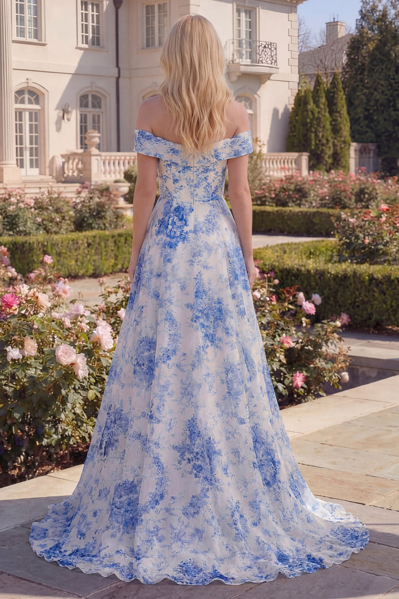 White Blue Flower A Line Long Off the Shoulder Prom Dress