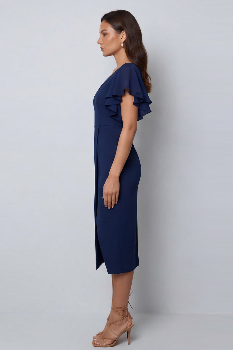 navy midi work dress Queendancer Women Navy Midi Work Dress V-Neck Pencil Flutter Sleeves Business  Dress with Slit – queendanceruk