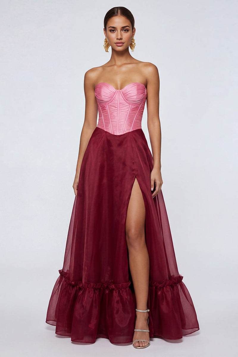 Queendancer Women Pink and Burgundy Patchwork Corset Long Formal Dress with Slit A Line Strapless Evening Dress queendanceruk Queendancer Women Pink and Burgundy Patchwork Corset Long Formal Dress with Slit A Line Strapless Evening Dress queendanceruk