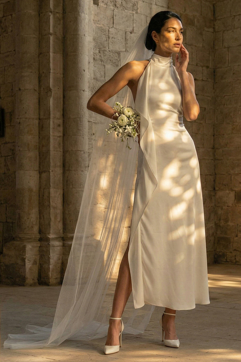 Queendancer Women White Maxi Beach Wedding Dress with Ruffles High Neck Sheath Satin Backless Bridal Dress queendanceruk Queendancer Women White Maxi Beach Wedding Dress with Ruffles High Neck Sheath Satin Backless Bridal Dress queendanceruk
