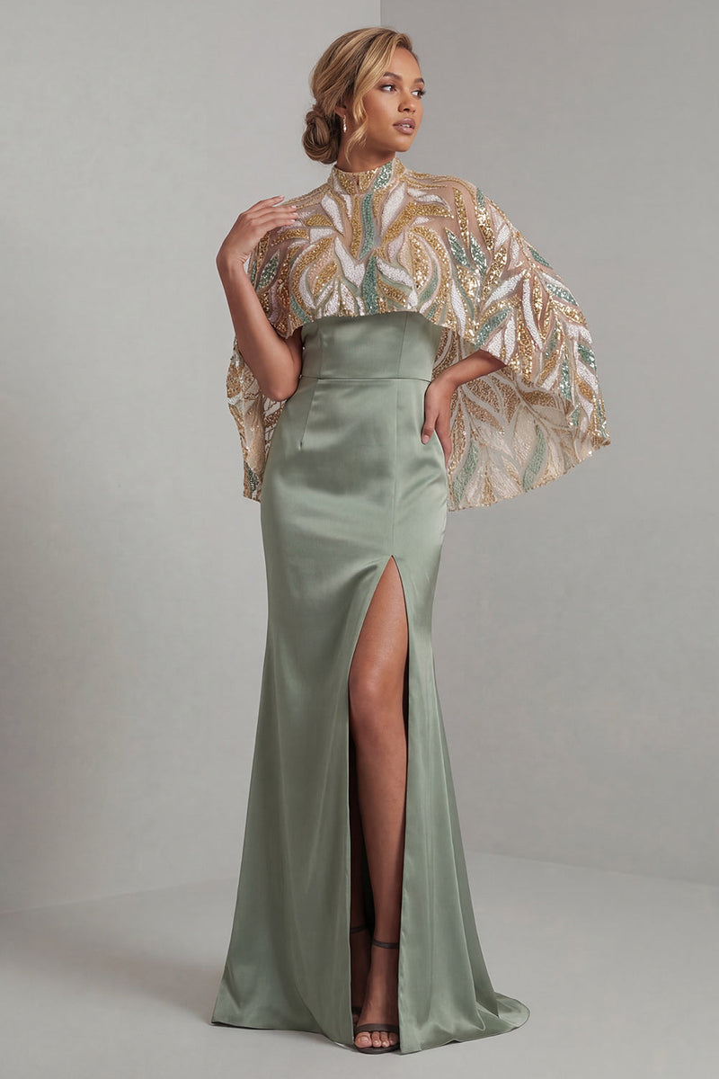 Queendancer Women Sparkly Light Green Beaded Long Mother of the Bride Dress  with Cape Backless Satin Mermaid Spaghetti Straps Evening Dress with Slit –  queendanceruk
