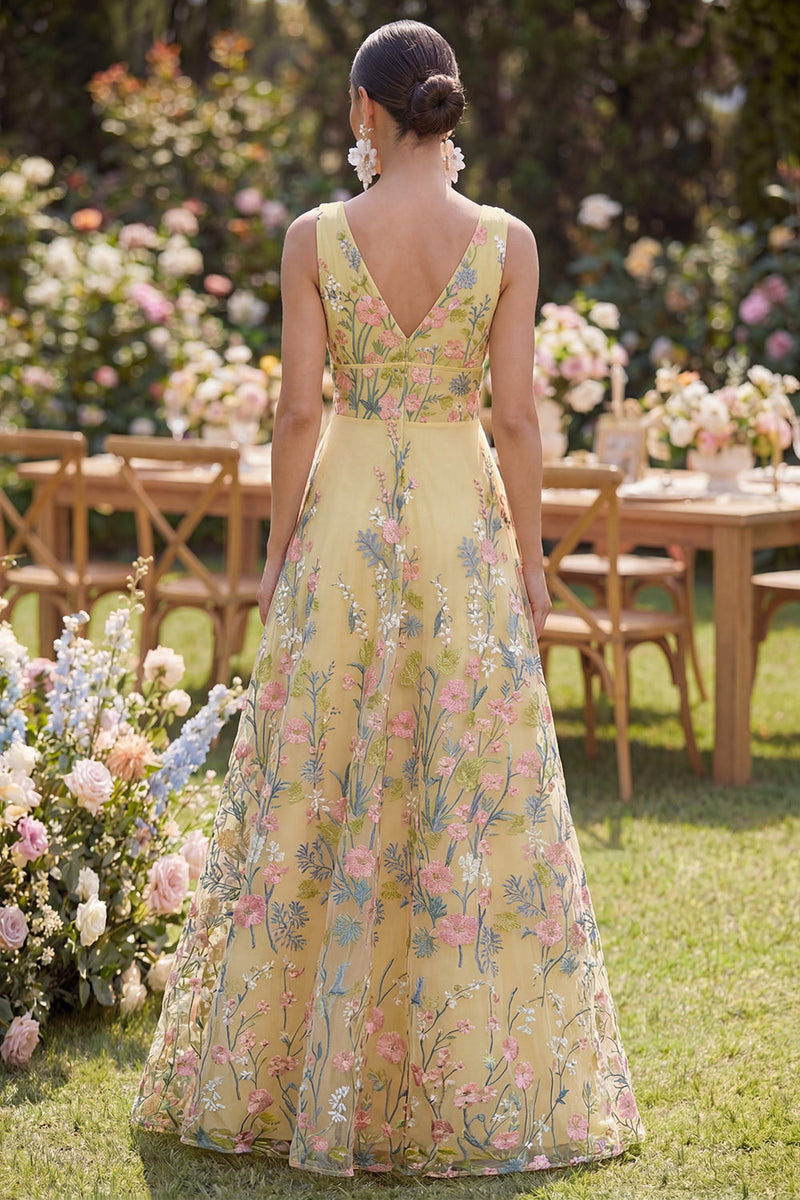 butter yellow wedding guest dress Queendancer Women Floral Butter Yellow Long Wedding Guest Dress A Line V-Neck Formal Dress – queendanceruk