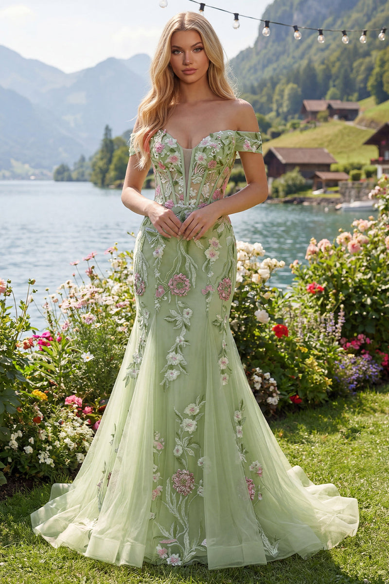 Queendancer Women Long Floral Green Corset Prom Dress Mermaid Off the