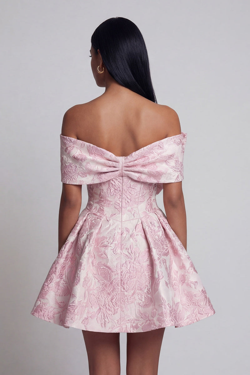 Queendancer Women Pink Short Floral Birthday Party Dress with Bow A