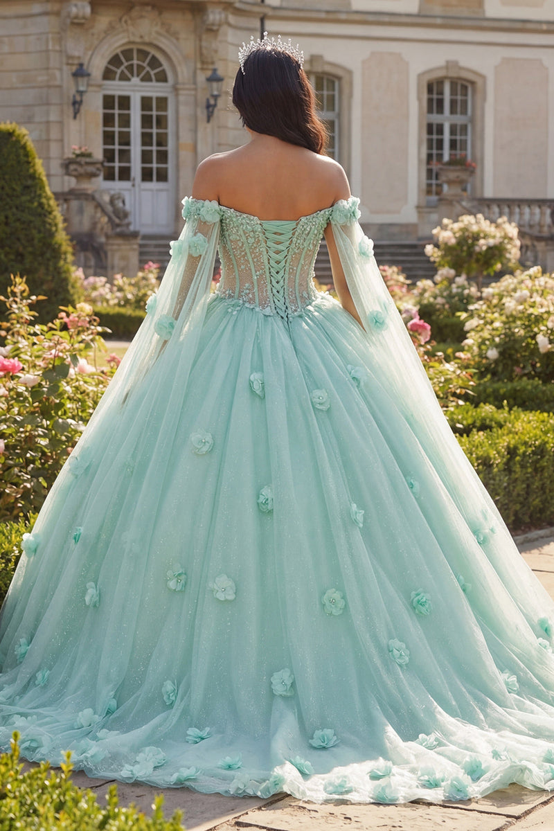Queendancer Women Light Green Tulle Floral Long Corset Quinceanera Dress  with Cape Princess Off the Shoulder Beaded Ball Gown Sweet 16 Dress –  queendanceruk