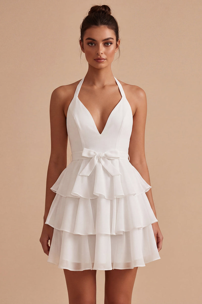 Queendancer Women White Ruffled Short Graduation Dress with Bow Halter Backless Hen Party Dress queendanceruk Queendancer Women White Ruffled Short Graduation Dress with Bow Halter Backless Hen Party Dress queendanceruk