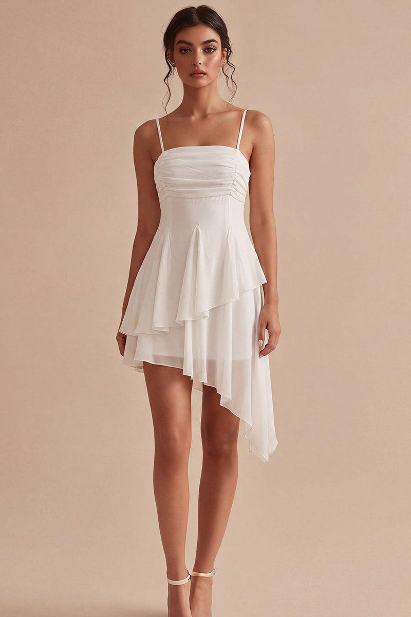 Queendancer Women White Asymmetrical Graduation Dress with Ruffles Ruched A  Line Spaghetti Straps Hen Party Dress – queendanceruk