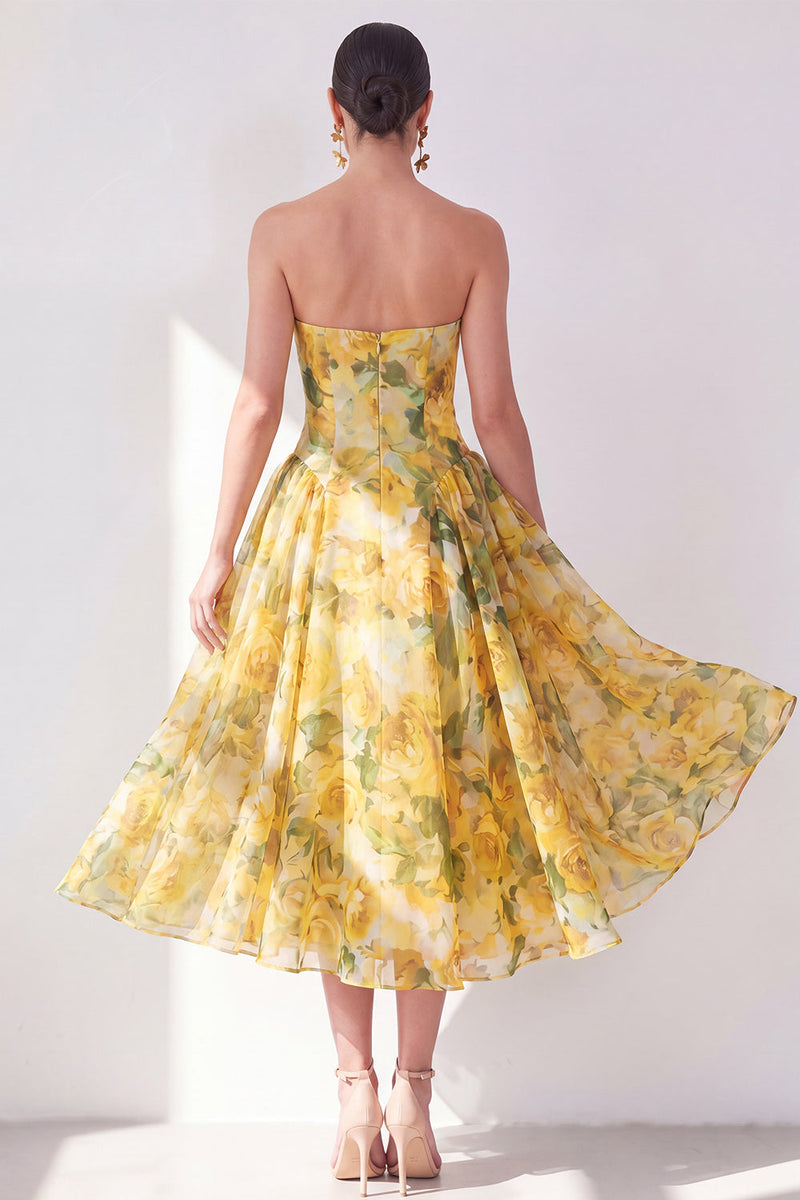 Queendancer Women Butter Yellow Maxi Floral Beach Wedding Guest Dress A  Line Strapless Summer Dress – queendanceruk
