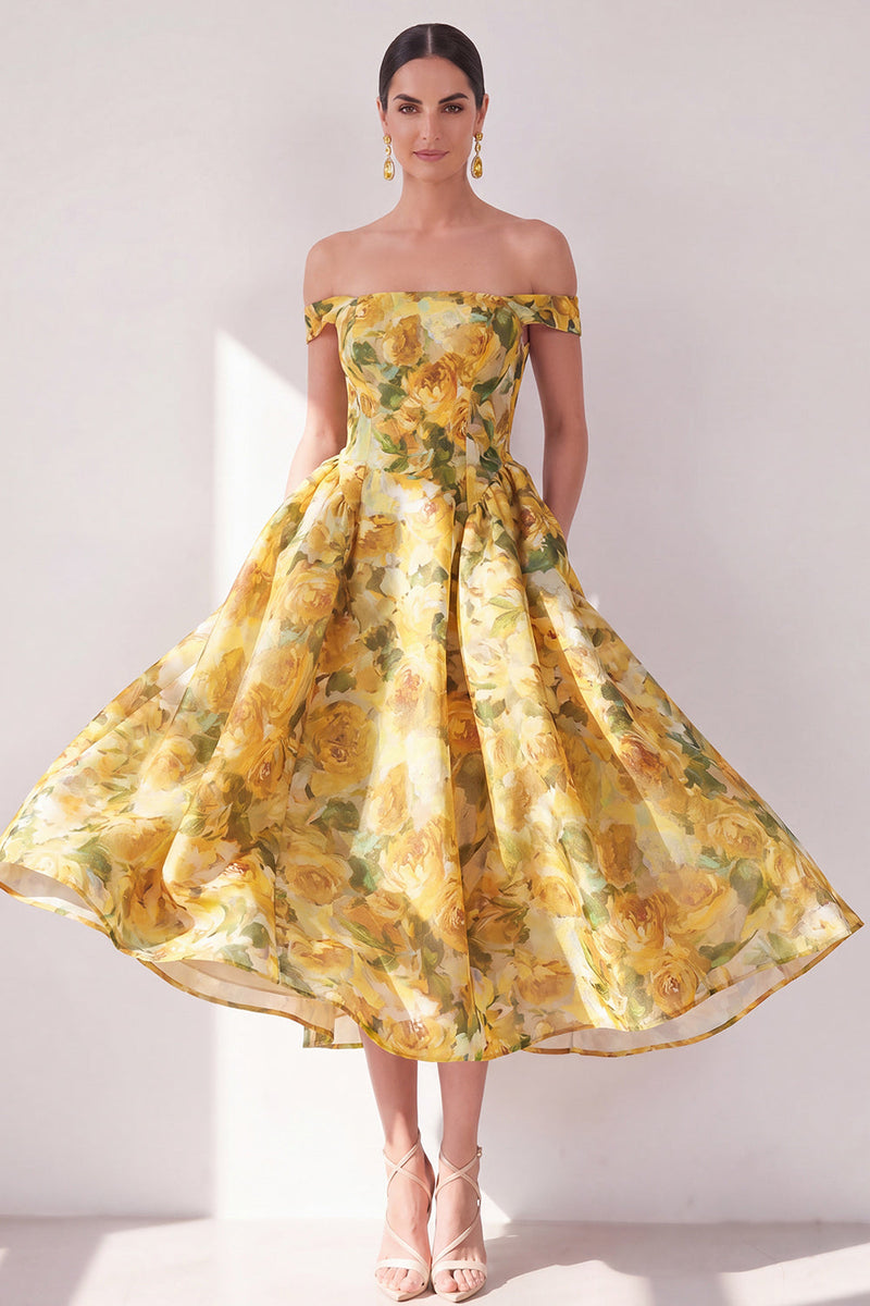 Queendancer Women Floral Butter Yellow Maxi Beach Wedding Guest Dress A  Line Off the Shoulder Summer Dress – queendanceruk